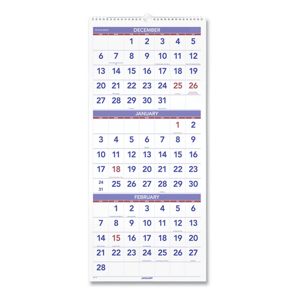 Deluxe Three-Month Reference Wall Calendar, Vertical Orientation, 12 x 27, White Sheets, 14-Month (Dec to Jan): 2022 to 2024 [SKU: AAGPM1128]