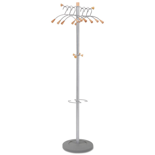 Wavy Coat Tree, Six Hangers/Two Knobs/Four Hooks, 18.88w x 14d x 68.5h, Silver/Wood [SKU: ABAPMWAVE]