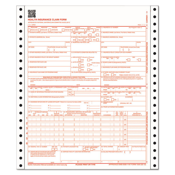 CMS Health Insurance Claim Form, Three-Part Carbonless, 9.5 x 11, 100 Forms Total [SKU: ABFCMS1500CV]