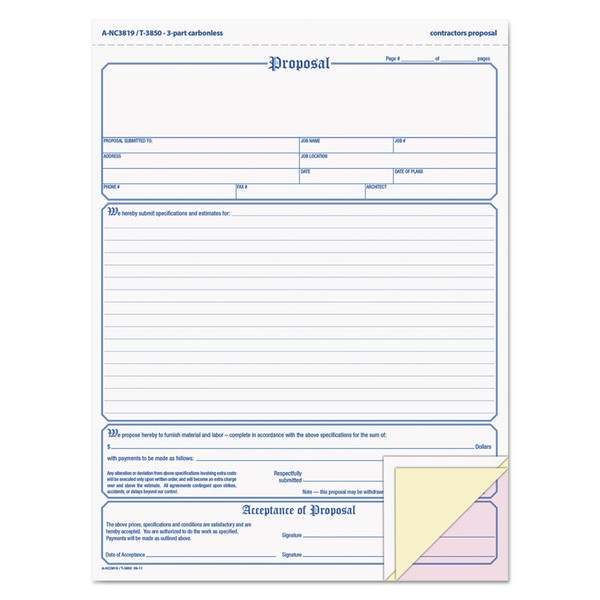 Contractor Proposal Form, Three-Part Carbonless, 8.5 x 11.44, 50 Forms Total [SKU: ABFNC3819]