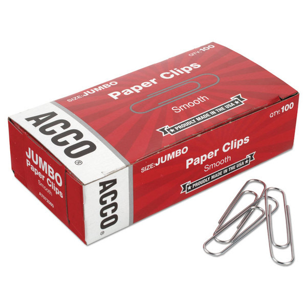 Paper Clips, Jumbo, Smooth, Silver, 100 Clips/Box, 10 Boxes/Pack [SKU: ACC72580]