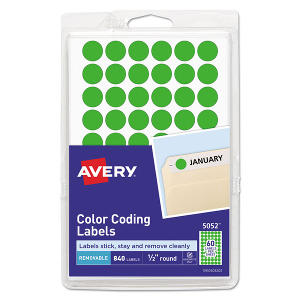 Handwrite Only Self-Adhesive Removable Round Color-Coding Labels, 0.5" dia, Neon Green, 60/Sheet, 14 Sheets/Pack, (5052) [SKU: AVE05052]