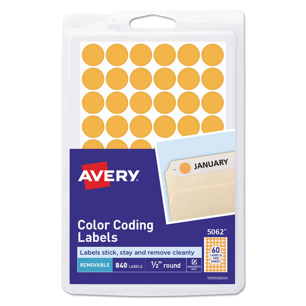 Handwrite Only Self-Adhesive Removable Round Color-Coding Labels, 0.5" dia, Neon Orange, 60/Sheet, 14 Sheets/Pack, (5062) [SKU: AVE05062]