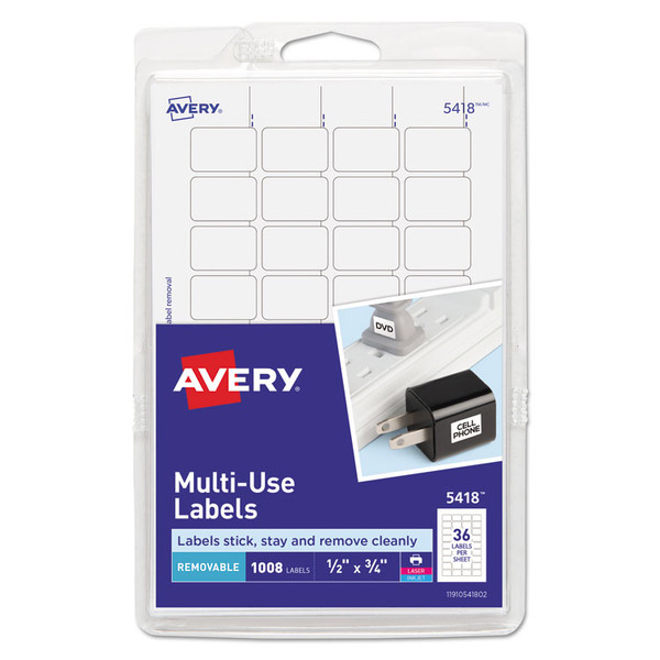 Removable Multi-Use Labels, Inkjet/Laser Printers, 0.5 x 0.75, White, 36/Sheet, 28 Sheets/Pack, (5418) [SKU: AVE05418]