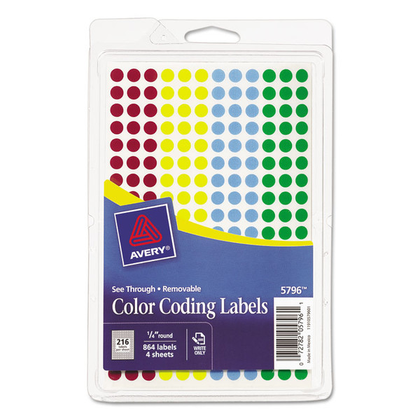 Handwrite-Only Self-Adhesive "See Through" Removable Round Color Dots, 0.25" dia, Assorted, 216/Sheet, 4 Sheets/Pack, (5796) [SKU: AVE05796]
