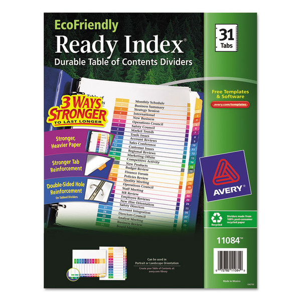 Customizable Table of Contents Ready Index Dividers with Multicolor Tabs, 31-Tab, 1 to 31, 11 x 8.5, White, 1 Set [SKU: AVE11084]