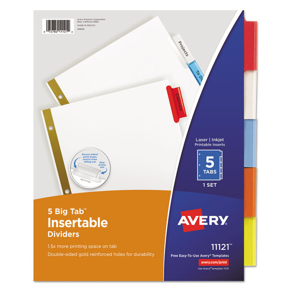 Insertable Big Tab Dividers, 5-Tab, Double-Sided Gold Edge Reinforcing, 11 x 8.5, White, Assorted Tabs, 1 Set [SKU: AVE11121]