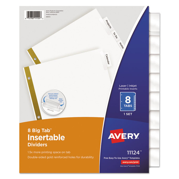 Insertable Big Tab Dividers, 8-Tab, Double-Sided Gold Edge Reinforcing, 11 x 8.5, White, Clear Tabs, 1 Set [SKU: AVE11124]