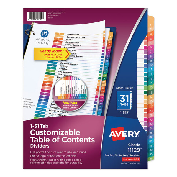 Customizable TOC Ready Index Multicolor Tab Dividers, 31-Tab, 1 to 31, 11 x 8.5, White, Traditional Color Tabs, 1 Set [SKU: AVE11129]
