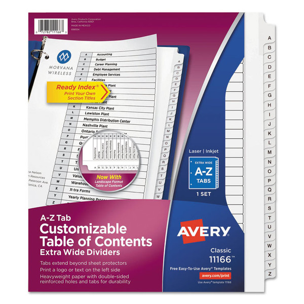 Customizable TOC Ready Index Black and White Dividers, 26-Tab, A to Z, 11 x 9.25, 1 Set [SKU: AVE11166]
