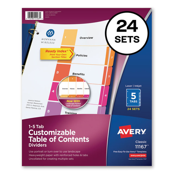 Customizable TOC Ready Index Multicolor Tab Dividers, Uncollated, 5-Tab, 1 to 5, 11 x 8.5, White, 24 Sets [SKU: AVE11167]
