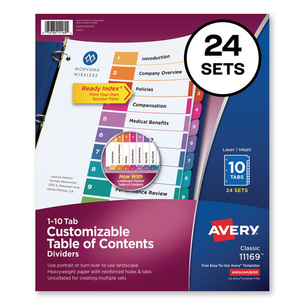 Customizable TOC Ready Index Multicolor Tab Dividers, Uncollated, 10-Tab, 1 to 10, 11 x 8.5, White, 24 Sets [SKU: AVE11169]