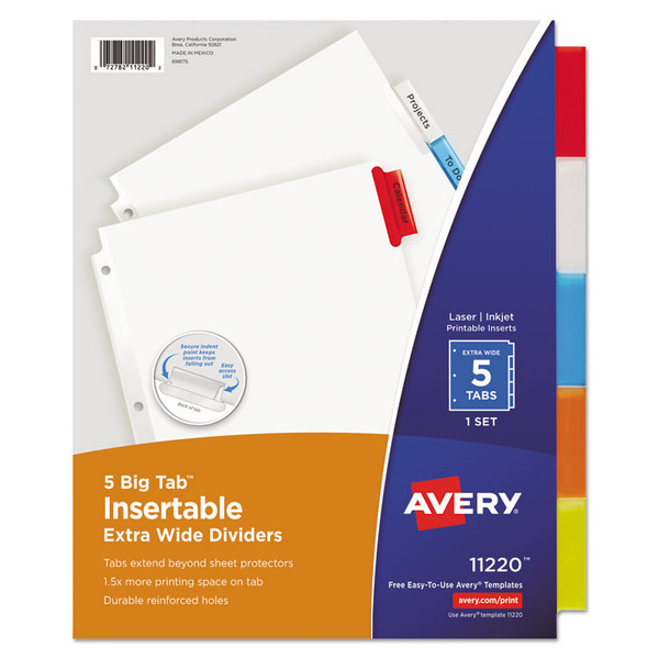 Insertable Big Tab Dividers, 5-Tab, Single-Sided Copper Edge Reinforcing, 11.13 x 9.25, White, Assorted Tabs, 1 Set [SKU: AVE11220]