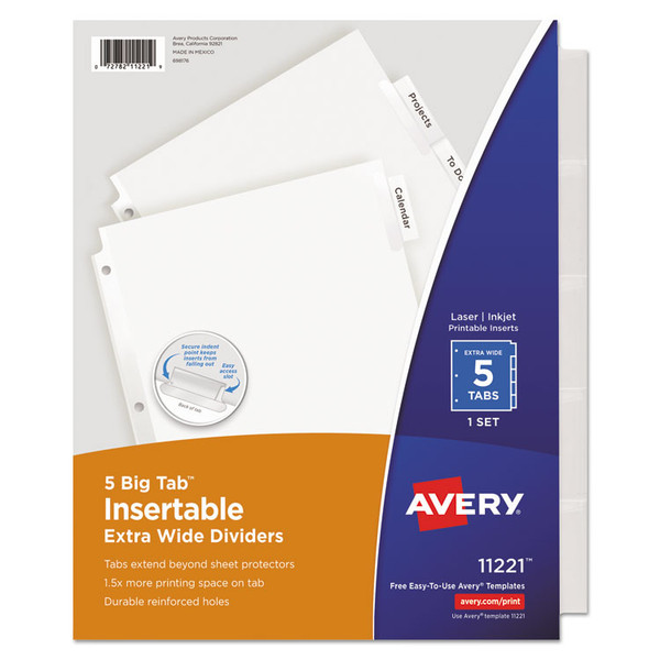 Insertable Big Tab Dividers, 5-Tab, Single-Sided Copper Edge Reinforcing, 11.13 x 9.25, White, Clear Tabs, 1 Set [SKU: AVE11221]