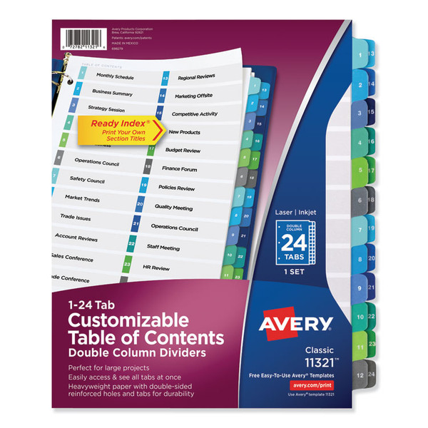 Customizable TOC Ready Index Double Column Multicolor Tab Dividers, 24-Tab, 1 to 24, 11 x 8.5, White, 1 Set [SKU: AVE11321]