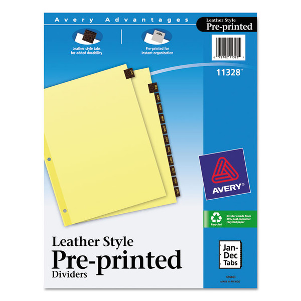 Preprinted Red Leather Tab Dividers with Clear Reinforced Edge, 12-Tab, Jan. to Dec., 11 x 8.5, Buff, 1 Set [SKU: AVE11328]