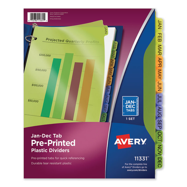 Durable Preprinted Plastic Tab Dividers, 12-Tab, Jan. to Dec., 11 x 8.5, Assorted, 1 Set [SKU: AVE11331]