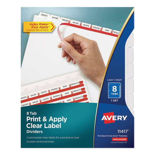 Print and Apply Index Maker Clear Label Dividers, 8-Tab, 11 x 8.5, White, 1 Set [SKU: AVE11417]