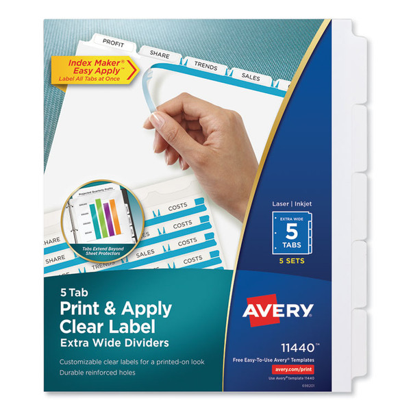 Print and Apply Index Maker Clear Label Dividers, Extra Wide Tab, 5-Tab, White Tabs, 11.25 x 9.25, White, 5 Sets [SKU: AVE11440]