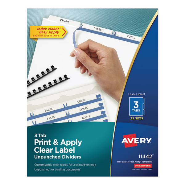 Print and Apply Index Maker Clear Label Unpunched Dividers, 3-Tab, 11 x 8.5, White, 25 Sets [SKU: AVE11442]