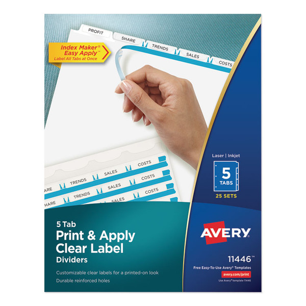 Print and Apply Index Maker Clear Label Dividers, 5-Tab, White Tabs, 11 x 8.5, White, 25 Sets [SKU: AVE11446]