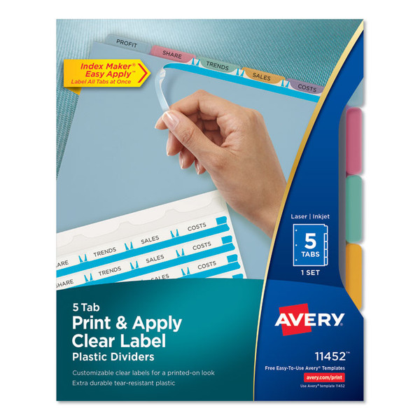 Print and Apply Index Maker Clear Label Plastic Dividers with Printable Label Strip, 5-Tab, 11 x 8.5, Assorted Tabs, 1 Set [SKU: AVE11452]