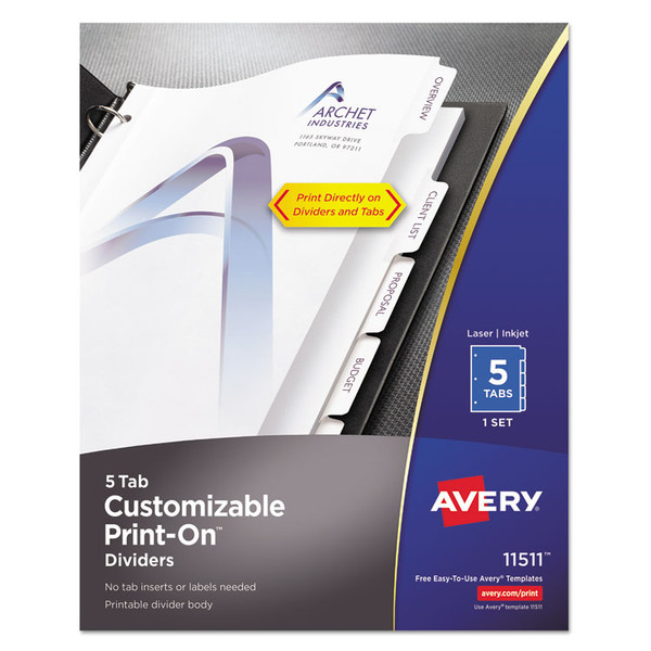 Customizable Print-On Dividers, 3-Hole Punched, 5-Tab, 11 x 8.5, White, 1 Set [SKU: AVE11511]
