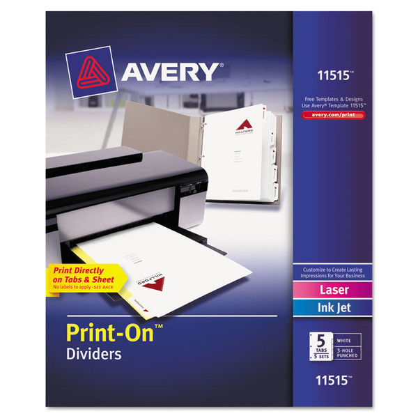 Customizable Print-On Dividers, 3-Hole Punched, 5-Tab, 11 x 8.5, White, 5 Sets [SKU: AVE11515]