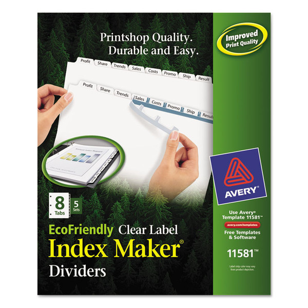 Index Maker EcoFriendly Print and Apply Clear Label Dividers with White Tabs, 8-Tab, 11 x 8.5, White, 5 Sets [SKU: AVE11581]