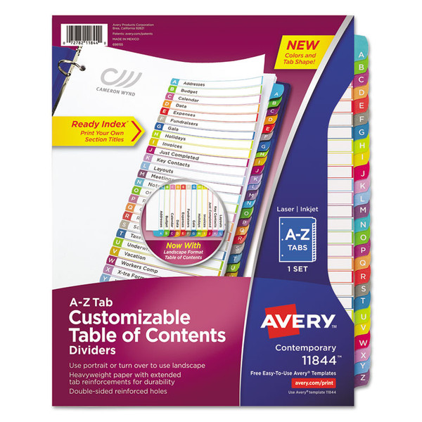 Customizable TOC Ready Index Multicolor Tab Dividers, 26-Tab, A to Z, 11 x 8.5, White, Contemporary Color Tabs, 1 Set [SKU: AVE11844]