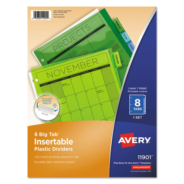Insertable Big Tab Plastic Dividers, 8-Tab, 11 x 8.5, Assorted, 1 Set [SKU: AVE11901]