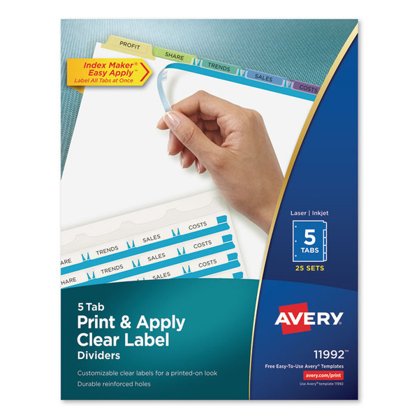 Print and Apply Index Maker Clear Label Dividers, 5-Tab, Color Tabs, 11 x 8.5, White, Contemporary Color Tabs, 25 Sets [SKU: AVE11992]