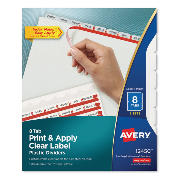 Print and Apply Index Maker Clear Label Plastic Dividers w/Printable Label Strip, 8-Tab, 11 x 8.5, Frosted Clear Tabs, 5 Sets [SKU: AVE12450]