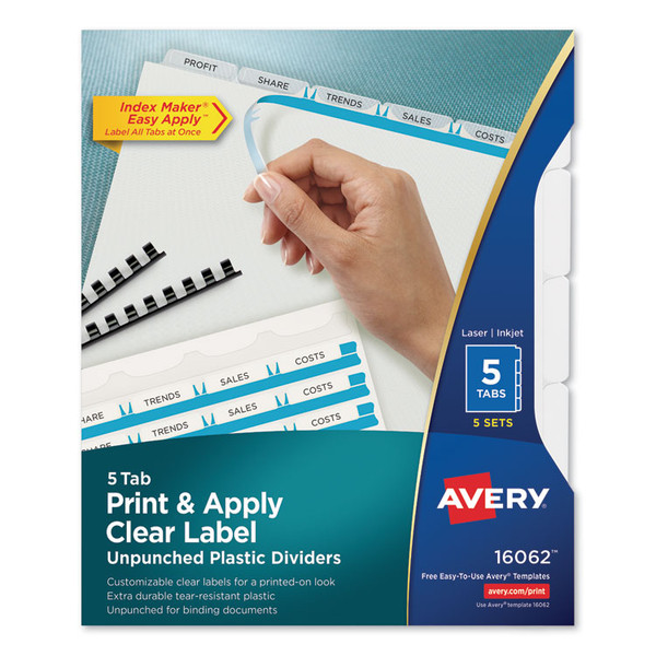 Print and Apply Index Maker Clear Label Unpunched Dividers with Printable Label Strip, 5-Tab, 11 x 8.5, Clear, 5 Sets [SKU: AVE16062]
