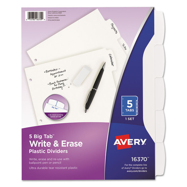 Write and Erase Big Tab Durable Plastic Dividers, 3-Hole Punched, 5-Tab, 11 x 8.5, White, 1 Set [SKU: AVE16370]