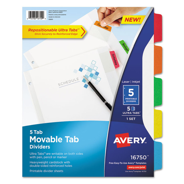 Movable Tab Dividers with Color Tabs, 5-Tab, 11 x 8.5, White, 1 Set [SKU: AVE16750]