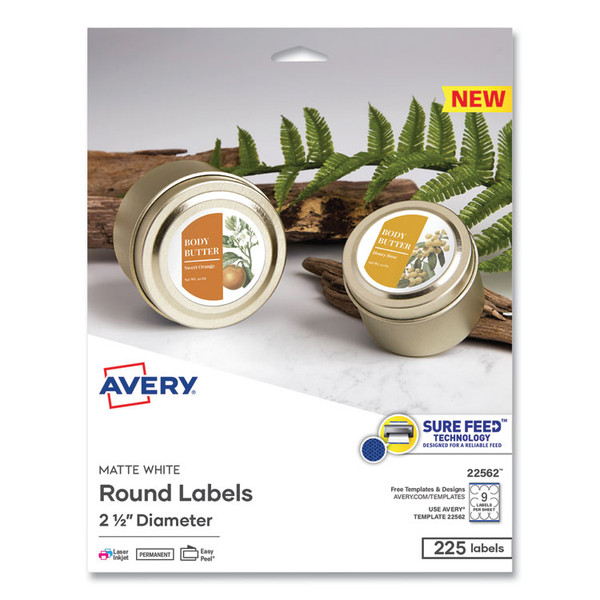 Laser/Inkjet Media Labels, Inkjet/Laser Printers, 2.5" dia, Matte White, 9 Labels/Sheet, 25 Sheets/Pack [SKU: AVE22562]