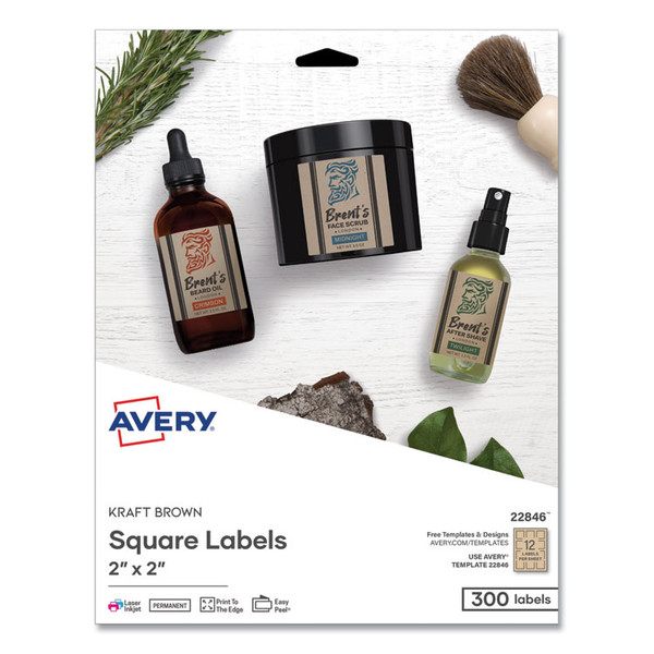Square Print-to-the-Edge Labels, Inkjet/Laser Printers, 2 x 2, Kraft Brown, 12/Sheet, 25 Sheets/Pack [SKU: AVE22846]