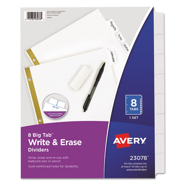Write and Erase Big Tab Paper Dividers, 8-Tab, 11 x 8.5, White, White Tabs, 1 Set [SKU: AVE23078]
