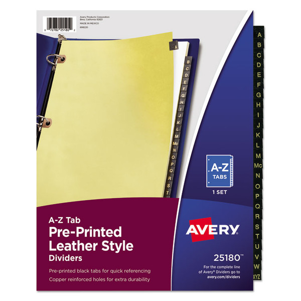 Preprinted Black Leather Tab Dividers w/Copper Reinforced Holes, 25-Tab, A to Z, 11 x 8.5, Buff, 1 Set [SKU: AVE25180]