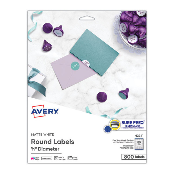 Printable Self-Adhesive Permanent ID Labels w/Sure Feed, 0.75" dia, White 800/PK [SKU: AVE4221]