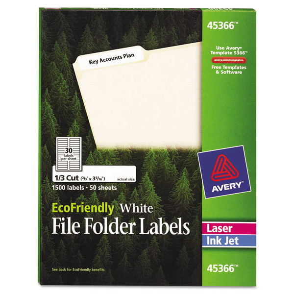 EcoFriendly Permanent File Folder Labels, 0.66 x 3.44, White, 30/Sheet, 50 Sheets/Pack [SKU: AVE45366]