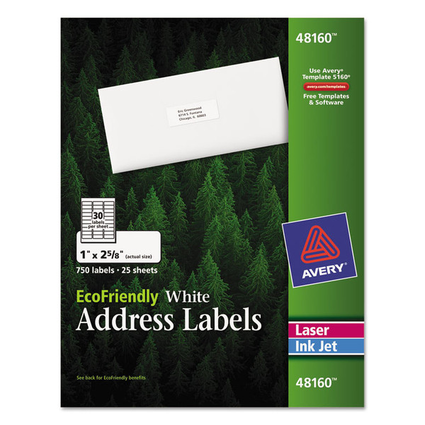 EcoFriendly Mailing Labels, Inkjet/Laser Printers, 1 x 2.63, White, 30/Sheet, 25 Sheets/Pack [SKU: AVE48160]