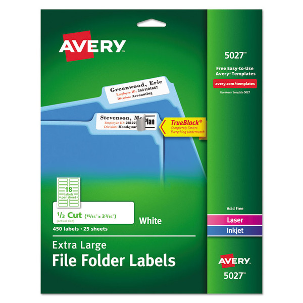 Extra-Large TrueBlock File Folder Labels with Sure Feed Technology, 0.94 x 3.44, White, 18/Sheet, 25 Sheets/Pack [SKU: AVE5027]