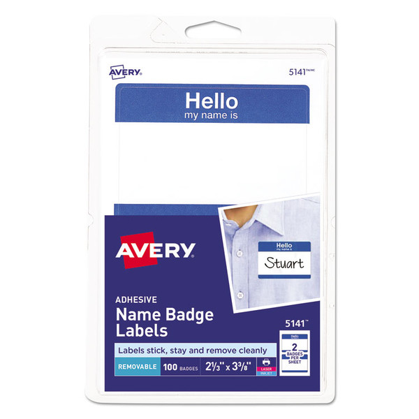 Printable Adhesive Name Badges, 3.38 x 2.33, Blue "Hello", 100/Pack [SKU: AVE5141]