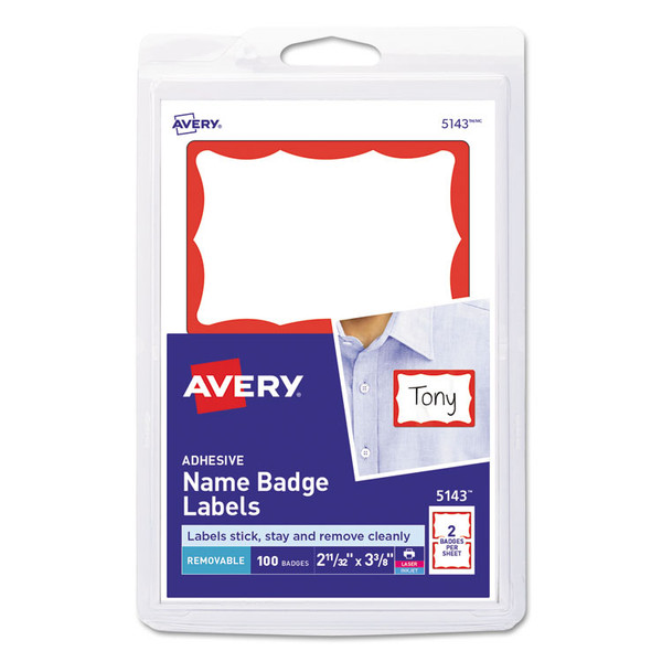 Printable Adhesive Name Badges, 3.38 x 2.33, Red Border, 100/Pack [SKU: AVE5143]