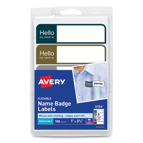 Flexible Self-Adhesive Mini Name Badge Labels, 1 x 3.75, Hello, Assorted, 100/Pack [SKU: AVE5154]