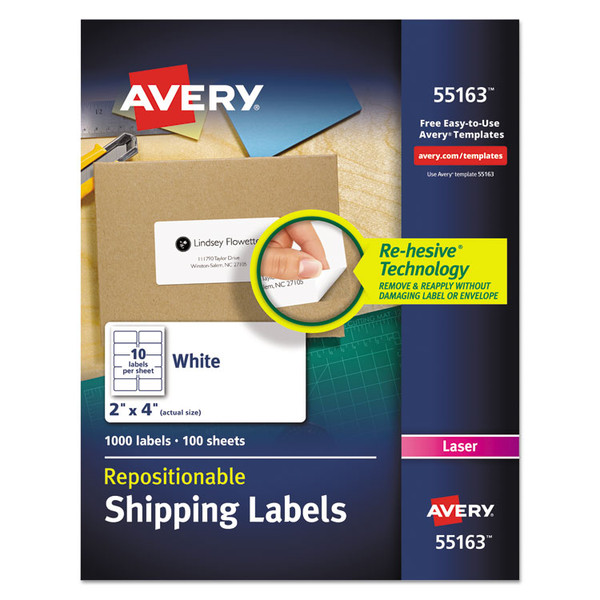 Repositionable Shipping Labels w/Sure Feed, Inkjet/Laser, 2 x 4, White, 1000/Box [SKU: AVE55163]