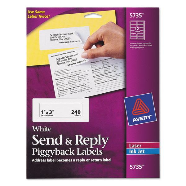 Send and Reply Piggyback Labels, Inkjet/Laser Printers, 1.63 x 4, White, 12/Sheet, 20 Sheets/Pack [SKU: AVE5735]