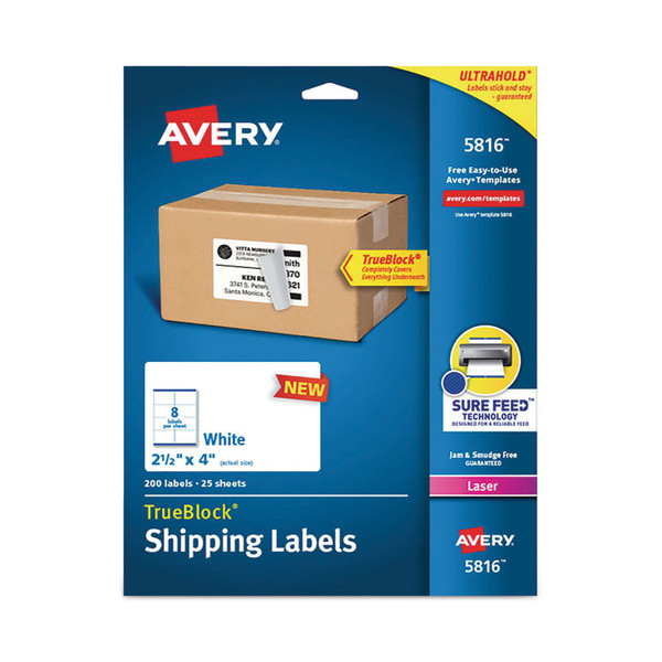 Shipping Labels with TrueBlock Technology, Laser Printers, 2.5 x 4, White, 8/Sheet, 25 Sheets/Pack [SKU: AVE5816]
